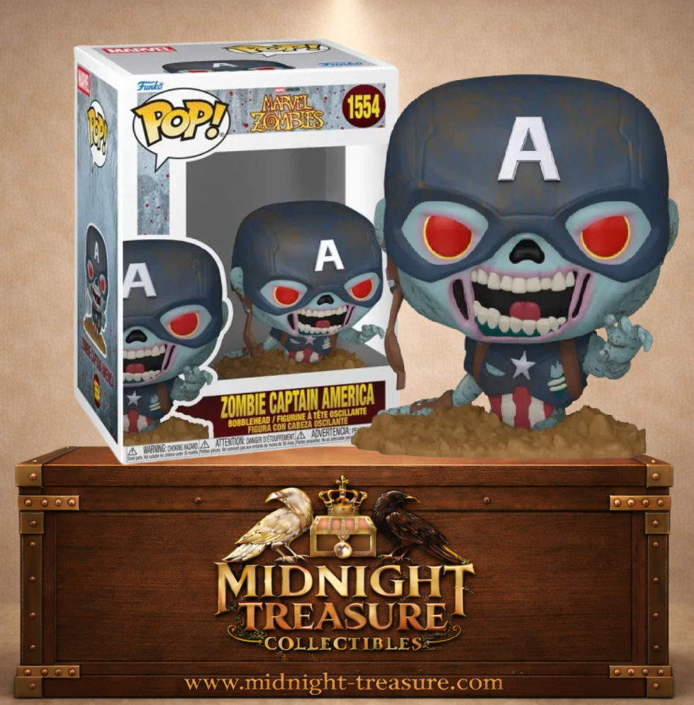 Funko Pop! N°1554 – Zombie Captain America Rising from Ground de Marvel Zombies, Steve Rogers mort-vivant au visage décomposé surgissant de terre.