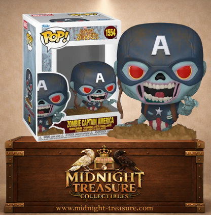 Funko Pop! N°1554 – Zombie Captain America Rising from Ground de Marvel Zombies, Steve Rogers mort-vivant au visage décomposé surgissant de terre.