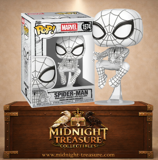 Funko Pop! Marvel N°1574 – Spider-Man Sketched. Figurine Spider-Man blanche style esquisse tirant des toiles en position accroupie.