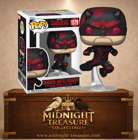 Funko Pop! Marvel N°1579 – Daredevil (Endommagé au combat) – Daredevil Born Again. Figurine avec costume noir et rouge abîmé en pose dynamique.