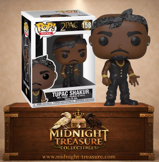 Funko Pop! Rocks N°158 – Tupac Shakur – 2Pac. Figurine Tupac avec bandana noir, bijoux dorés et tenue noire emblématique.