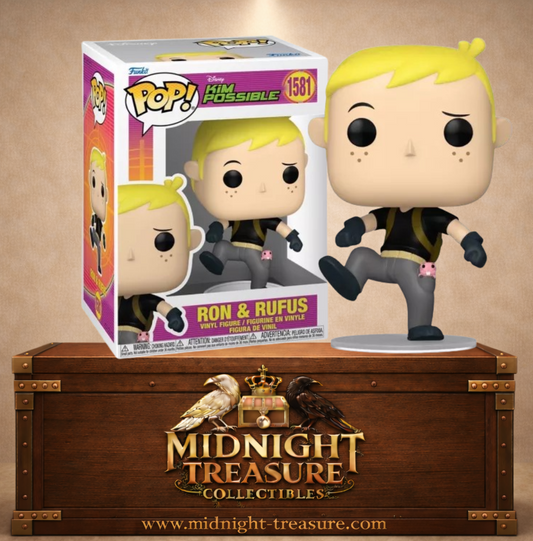 Funko Pop! Animation N°1581 – Ron et Rufus – Kim Possible. Figurine avec Ron en mouvement et Rufus dans la poche.