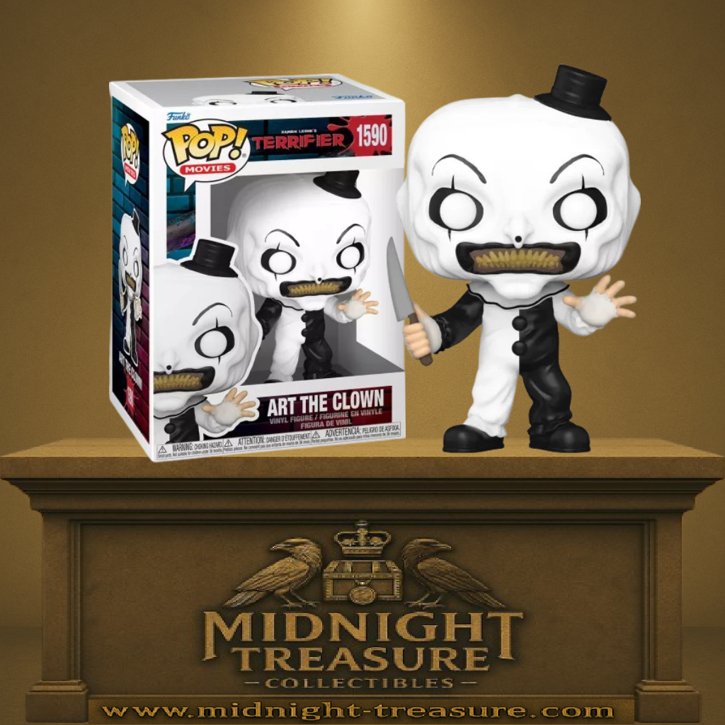 Funko Pop! Terrifier – Art the Clown (Art le Clown) (N°1590). Art le Clown en costume noir et blanc tenant un couteau, figurine Funko Pop Movies horreur.