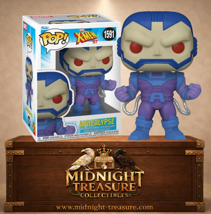 Funko Pop! Marvel N°1591 – Apocalypse inspiré de X-Men '97 avec armure bleue et violette et yeux rouges menaçants.