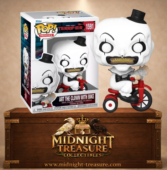 Funko Pop! Terrifier N°1591 – Art le Clown avec vélo rouge inspiré d’une scène de Terrifier 2. Une figurine terrifiante parfaite pour les fans d’horreur.