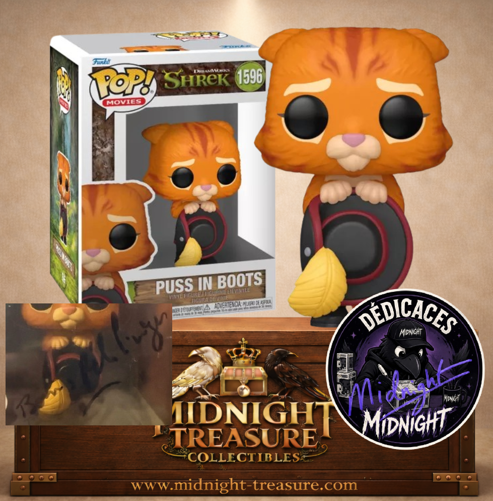 🐱✍️👢 Funko Pop! N°1596 – Puss in Boots (Le Chat Potté) – Dédicacée par Boris Rehlinger, voix française officielle – Shrek 👢✍️🐱