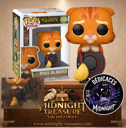 🐱✍️👢 Funko Pop! N°1596 – Puss in Boots (Le Chat Potté) – Dédicacée par Boris Rehlinger, voix française officielle – Shrek 👢✍️🐱