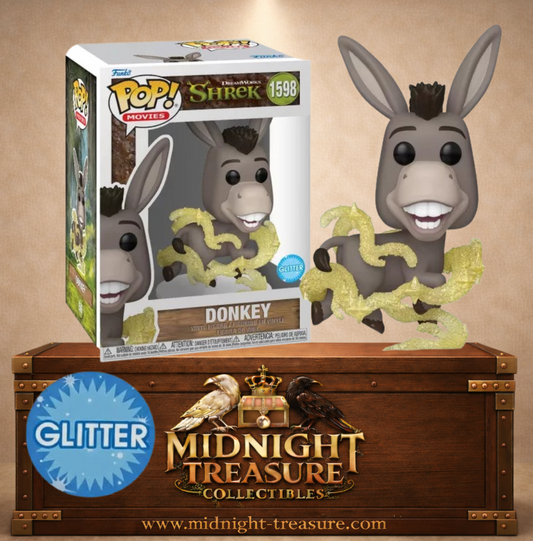 Funko Pop! Movies N°1598 – Donkey L’Âne – Shrek. Figurine avec effet paillettes dorées.