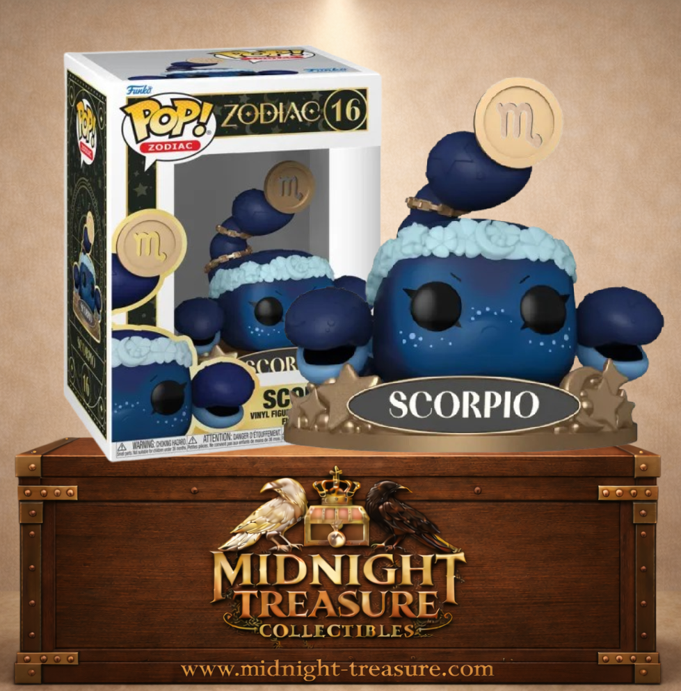 Funko Pop! Zodiac N°16 – Scorpio. Figurine scorpion bleu avec base dorée “Scorpio” et symbole astrologique.