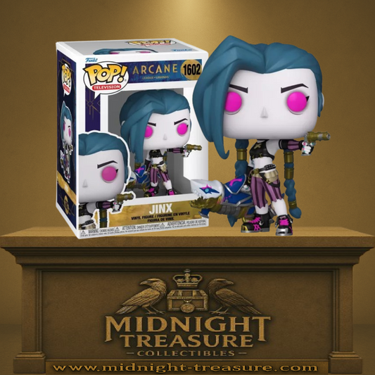 Funko Pop! Arcane – Jinx (N°1602). Figurine représentant Jinx avec sa tenue iconique et son lance-roquettes Fishbones, fidèle à la série Arcane.