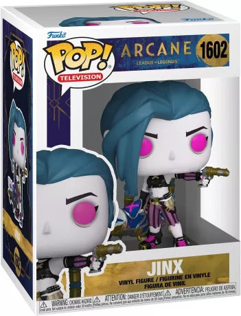 Funko Pop! Arcane – Jinx (N°1602). Figurine représentant Jinx avec sa tenue iconique et son lance-roquettes Fishbones, fidèle à la série Arcane.