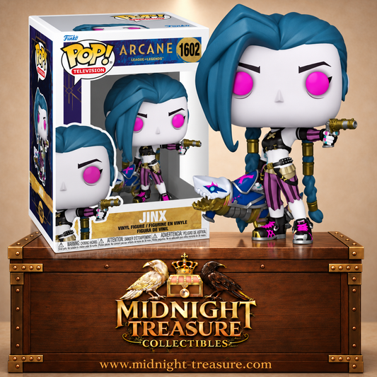 Funko Pop! Television N°1602 Jinx d’Arcane League of Legends avec longues tresses bleues, yeux roses et armes caractéristiques.