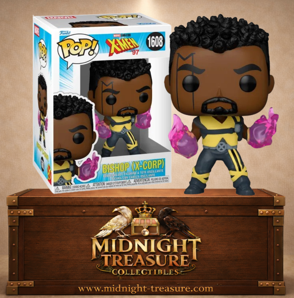 Funko Pop! N°1608 Bishop X-Corp de X-Men ’97 avec uniforme jaune et gris et énergie rose violette autour des deux poings.