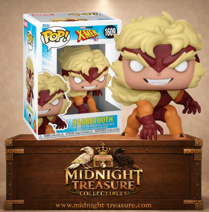 Funko Pop! N°1609 Sabretooth Dents-de-Sabre X-Men ’97 accroupi avec costume orange et brun, griffes sorties et crinière blonde.