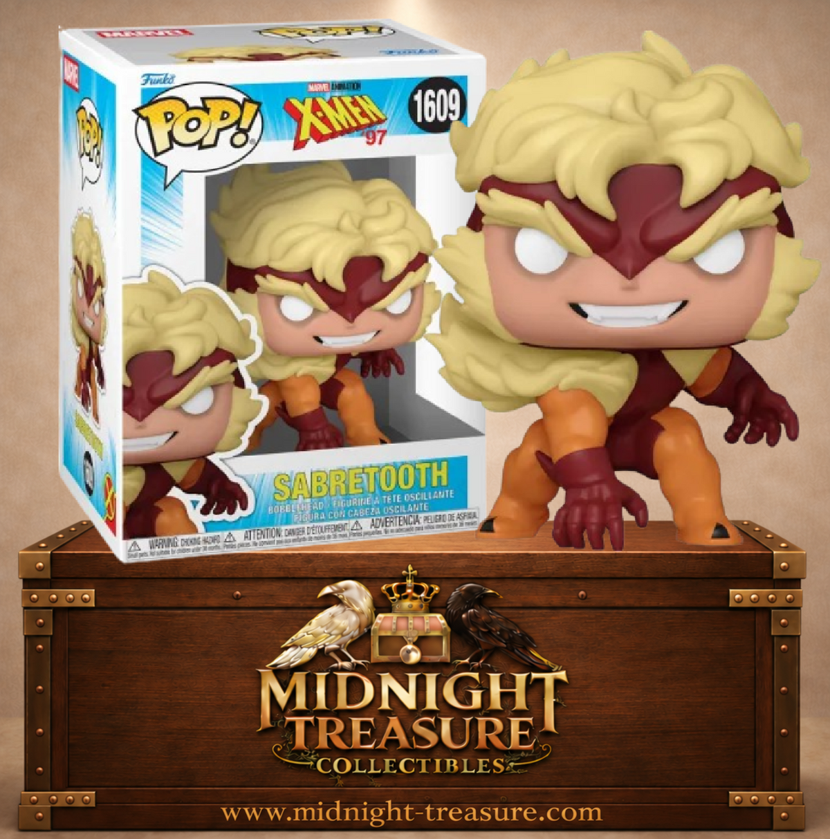 Funko Pop! N°1609 Sabretooth Dents-de-Sabre X-Men ’97 accroupi avec costume orange et brun, griffes sorties et crinière blonde.