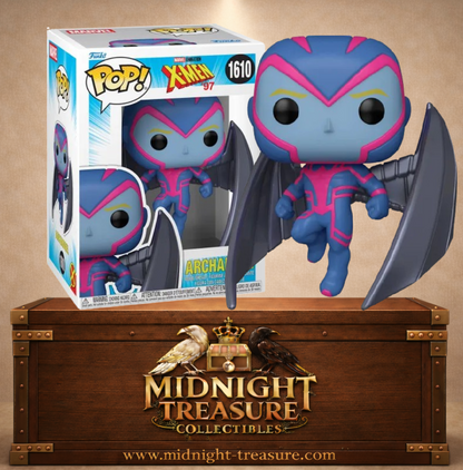 Funko Pop! N°1610 Archangel de X-Men ’97 avec peau bleue, armure bleu et rose et grandes ailes métalliques déployées.