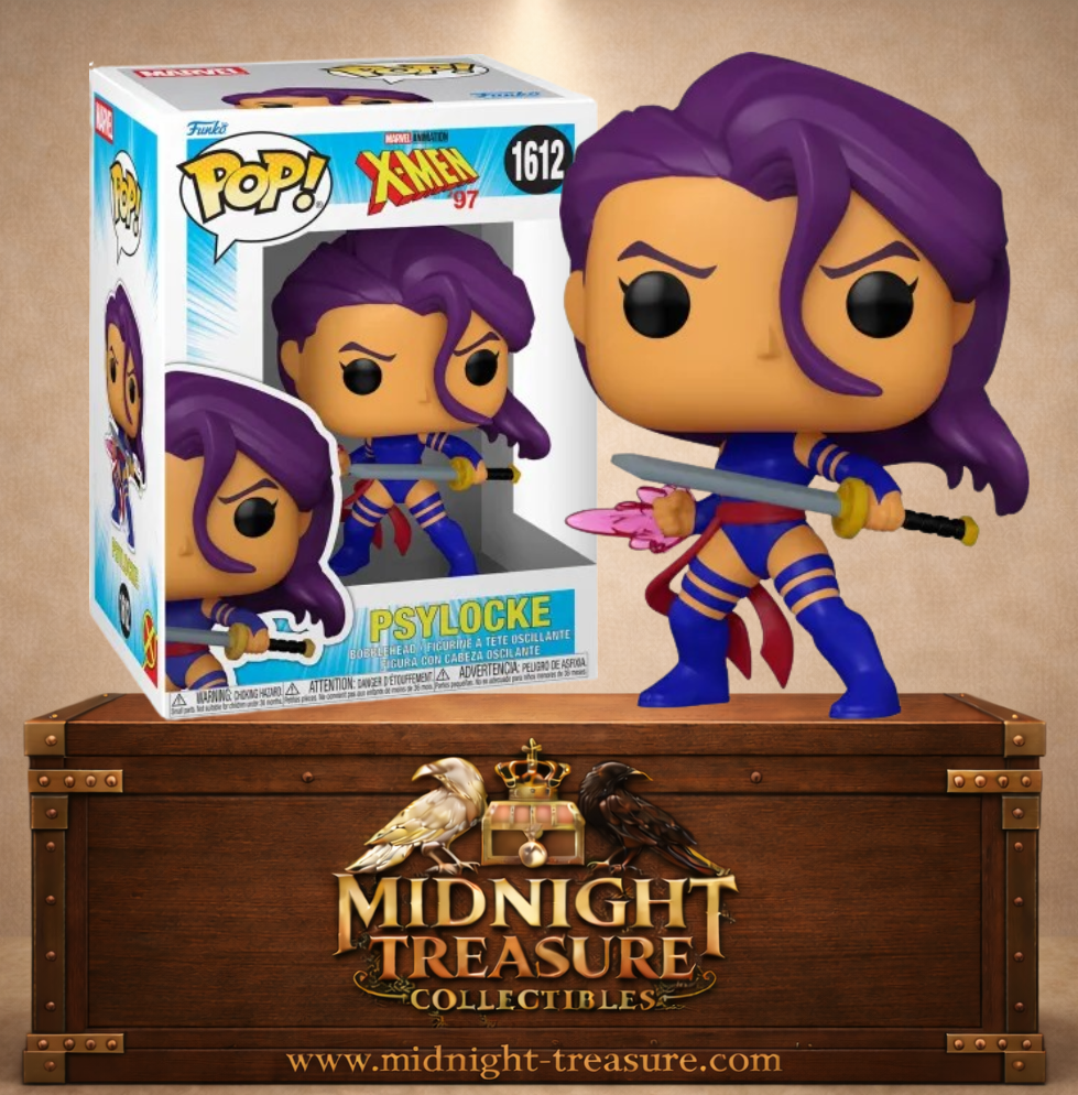 Funko Pop! N°1612 Psylocke X-Men ’97 Marvel en position de combat avec cheveux violets, katana et énergie psychique rose.