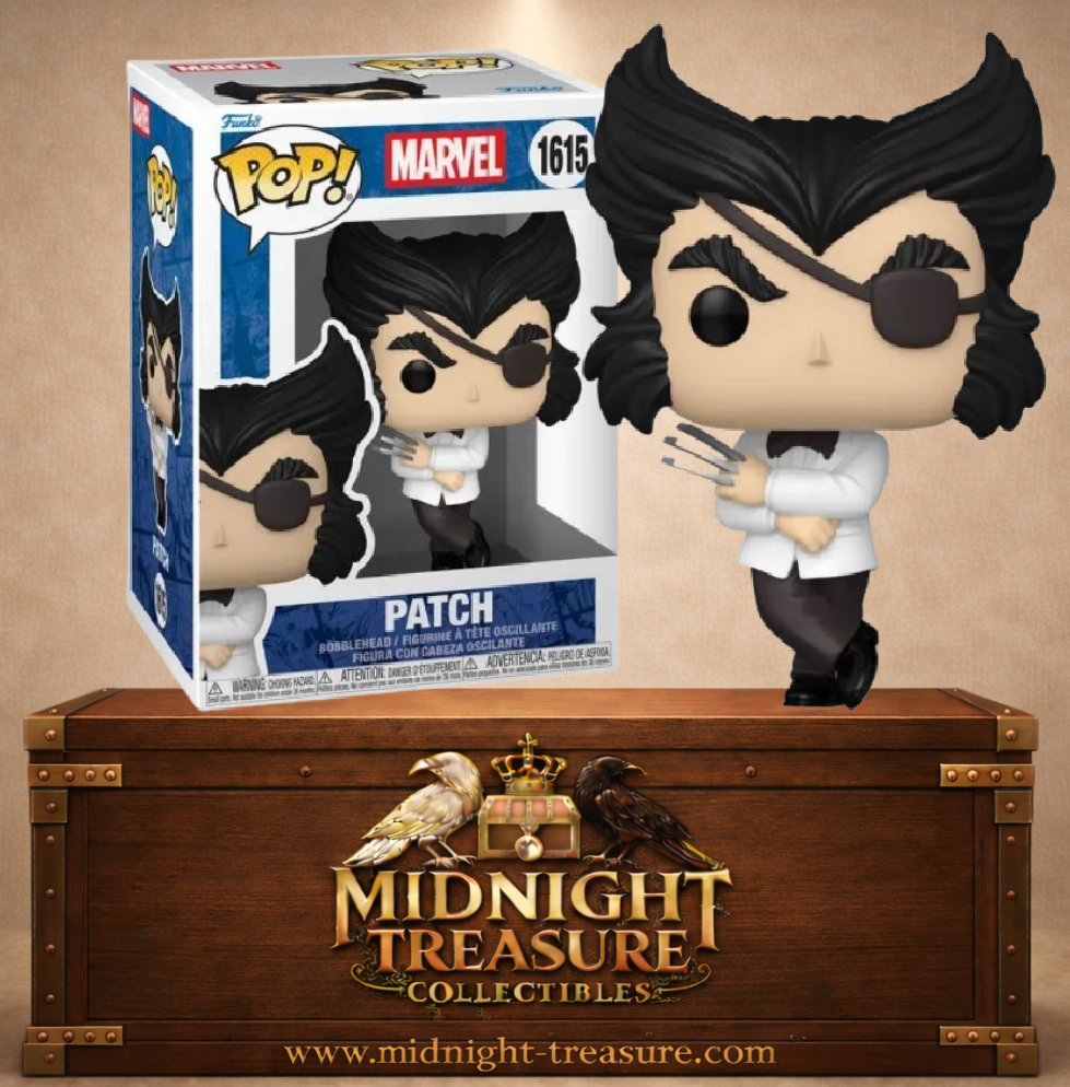 Funko Pop! Marvel N°1615 Patch, alias Wolverine, avec smoking blanc, cache-œil noir et griffes d’adamantium sorties.