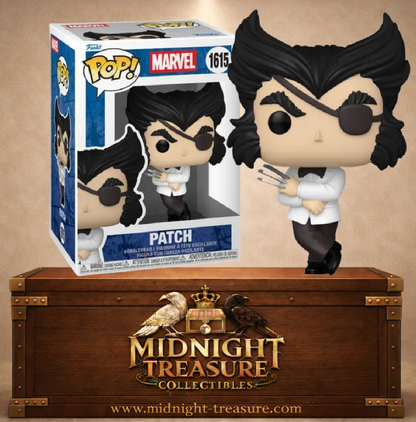 Funko Pop! Marvel N°1615 Patch, alias Wolverine, avec smoking blanc, cache-œil noir et griffes d’adamantium sorties.
