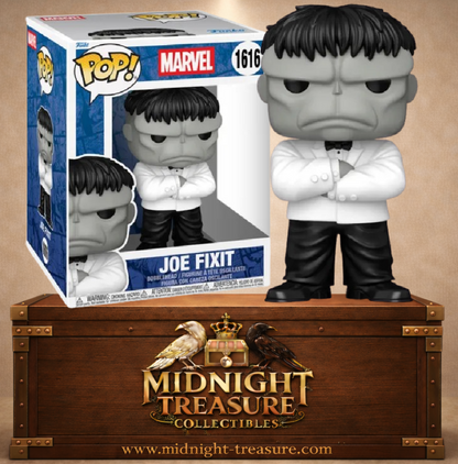Funko Pop! Super Marvel N°1616 Joe Fixit, incarnation grise de Hulk, avec smoking blanc, pantalon noir et bras croisés.