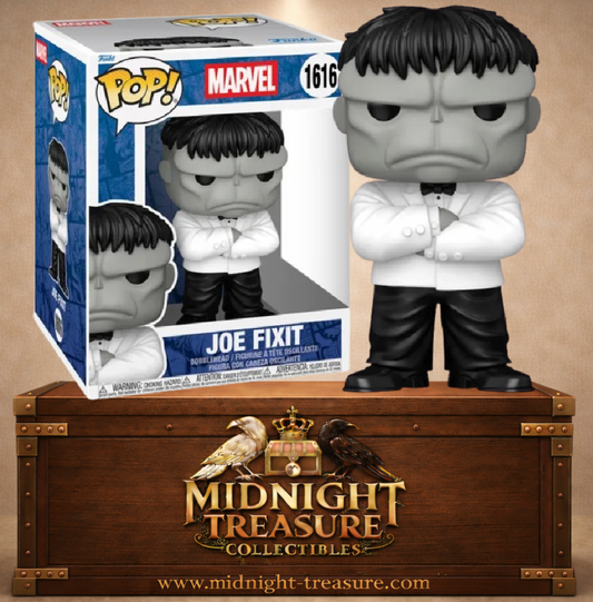 Funko Pop! Super Marvel N°1616 Joe Fixit, incarnation grise de Hulk, avec smoking blanc, pantalon noir et bras croisés.