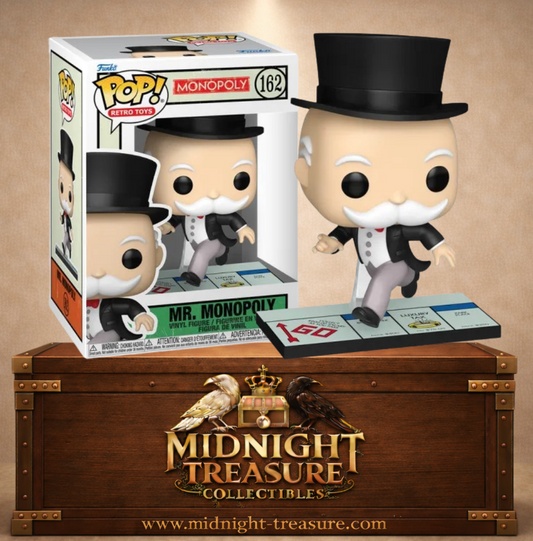 Funko Pop! Retro Toys N°162 – Mr. Monopoly avec haut-de-forme et moustache blanche, marchant sur un socle représentant le plateau du Monopoly.