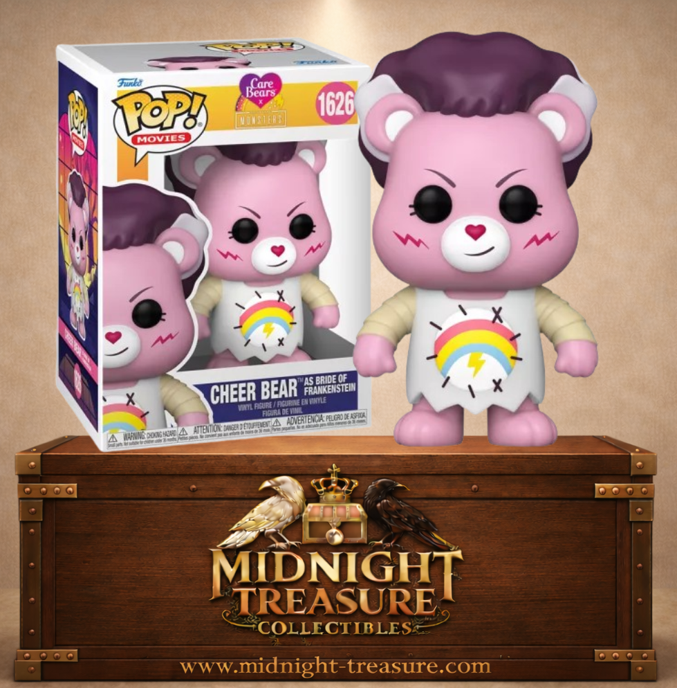 Funko Pop! N°1626 – Cheer Bear (Grosfarceur) as Bride of Frankenstein (en Fiancée de Frankenstein), crossover Care Bears x Universal Monsters, avec coiffure noire et blanche, cicatrices et symbole arc-en-ciel.