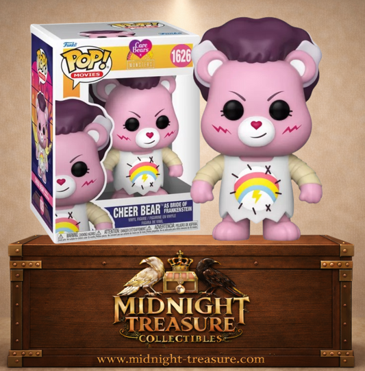 Funko Pop! N°1626 – Cheer Bear (Grosfarceur) as Bride of Frankenstein (en Fiancée de Frankenstein), crossover Care Bears x Universal Monsters, avec coiffure noire et blanche, cicatrices et symbole arc-en-ciel.