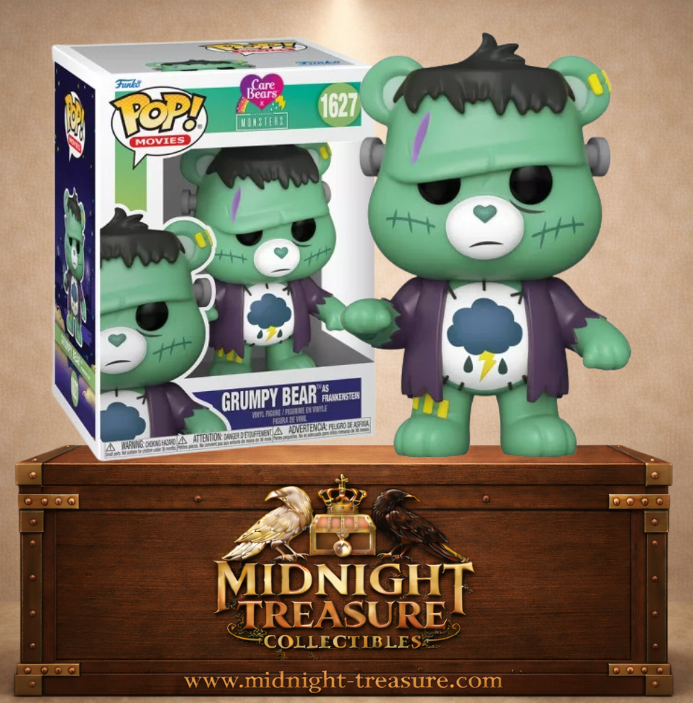 Funko Pop! N°1627 – Grumpy Bear (Grognon) as Frankenstein, crossover Care Bears x Universal Monsters, avec peau verte, boulons, cicatrices et symbole nuage de pluie.
