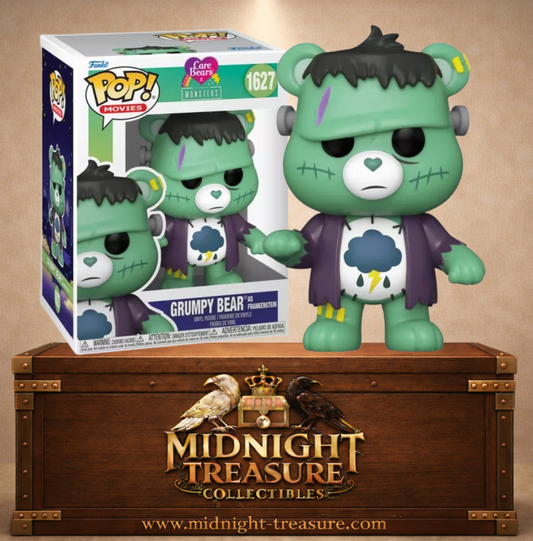 Funko Pop! N°1627 – Grumpy Bear (Grognon) as Frankenstein, crossover Care Bears x Universal Monsters, avec peau verte, boulons, cicatrices et symbole nuage de pluie.