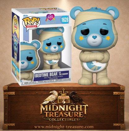 Funko Pop! N°1628 – Bedtime Bear (Grosdodo) as The Mummy (La Momie), crossover Care Bears x Universal Monsters, avec bandelettes de momie et symbole croissant de lune.