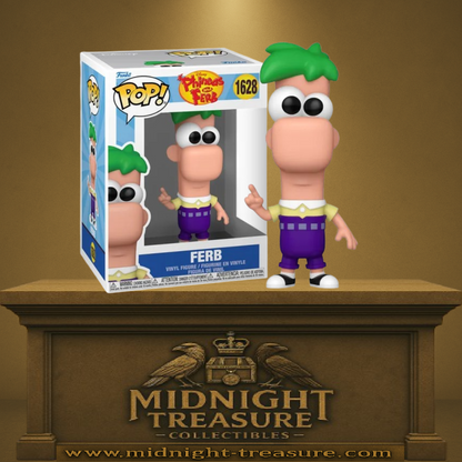 Funko Pop! Phineas and Ferb – Ferb (N°1628). Personnage aux cheveux verts portant salopette violette et polo jaune, doigt levé, design fidèle à la série Disney.