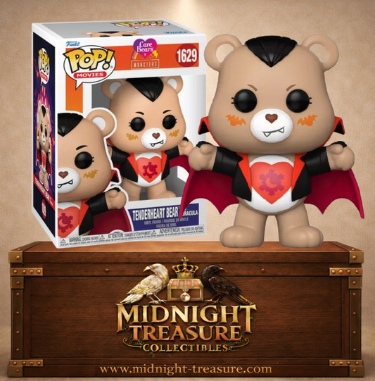 Funko Pop! N°1629 – Tenderheart Bear (Grosbisou) as Dracula, crossover Care Bears x Universal Monsters, avec cape rouge et noire, crocs de vampire et symbole cœur.