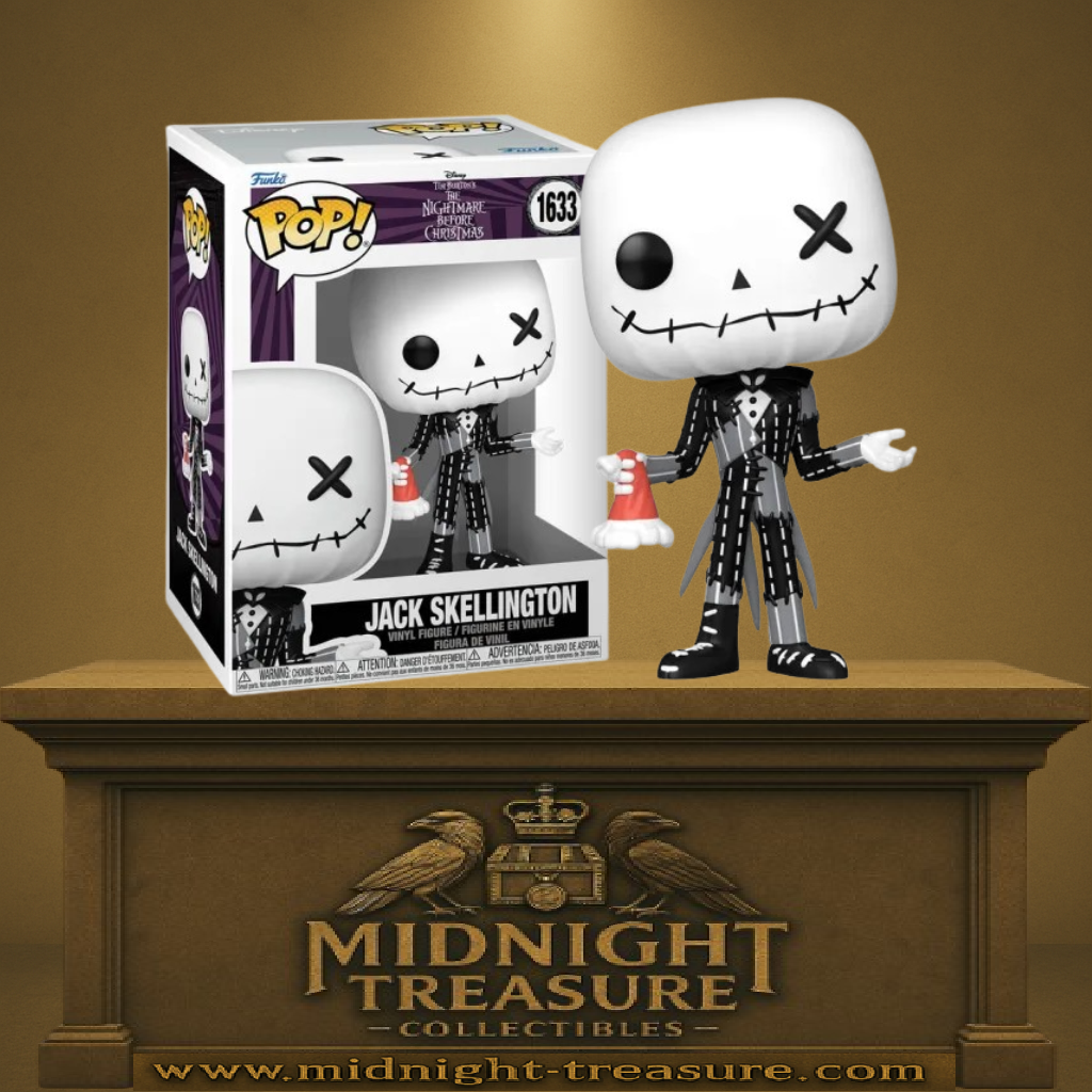 Funko Pop! The Nightmare Before Christmas – Jack Skellington Patchwork (N°1633). Jack tenant un bonnet de Noël, avec costume patchwork détaillé. Figurine idéale pour les fans du film culte.
