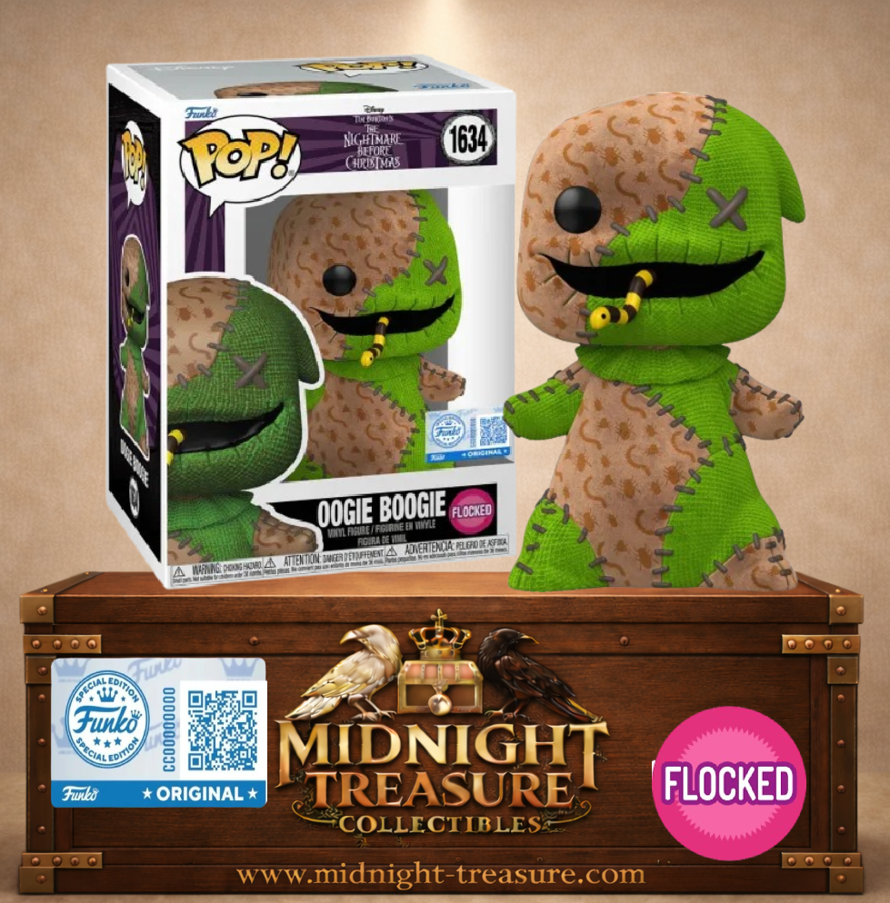 Funko Pop! N°1634 Oogie Boogie Flocked en tissu patchwork vert et beige avec serpent, The Nightmare Before Christmas.
