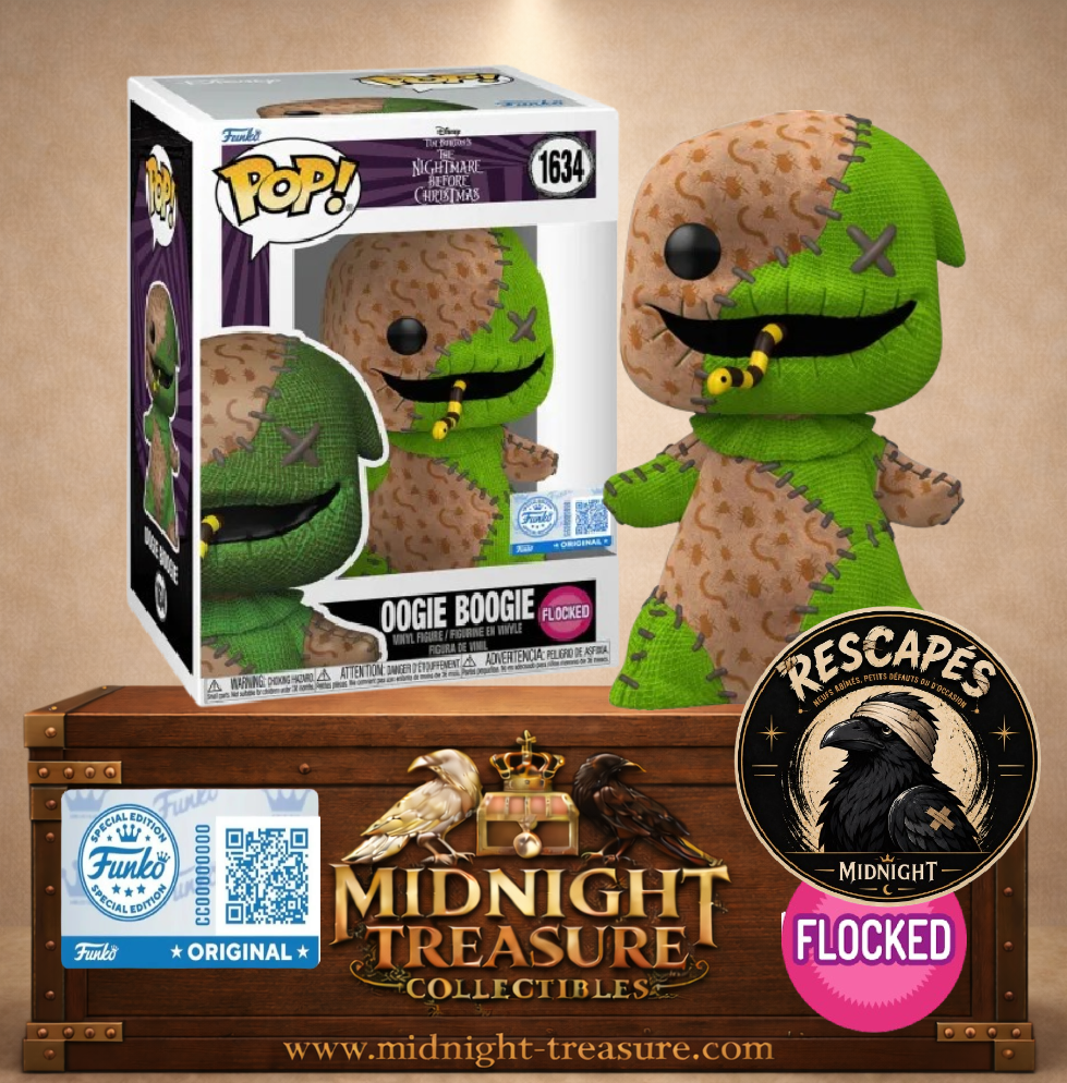 Funko Pop! N°1634 Oogie Boogie Flocked en tissu patchwork vert et beige avec serpent, The Nightmare Before Christmas.