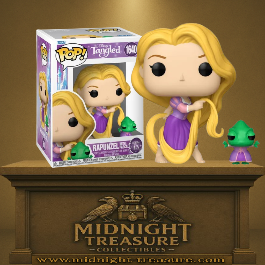 Funko Pop! Tangled (Raiponce) – Rapunzel with Pascal (N°1640). Rapunzel en robe violette avec ses longs cheveux blonds, accompagnée de Pascal à ses côtés, inspiré du début du film dans la tour.