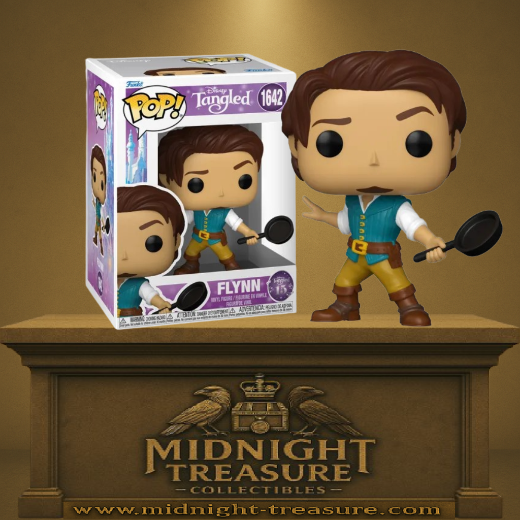 Funko Pop! Tangled (Raiponce) – Flynn Rider (N°1642). Figurine représentant Flynn avec sa poêle iconique, inspirée d’une scène culte du film Disney.