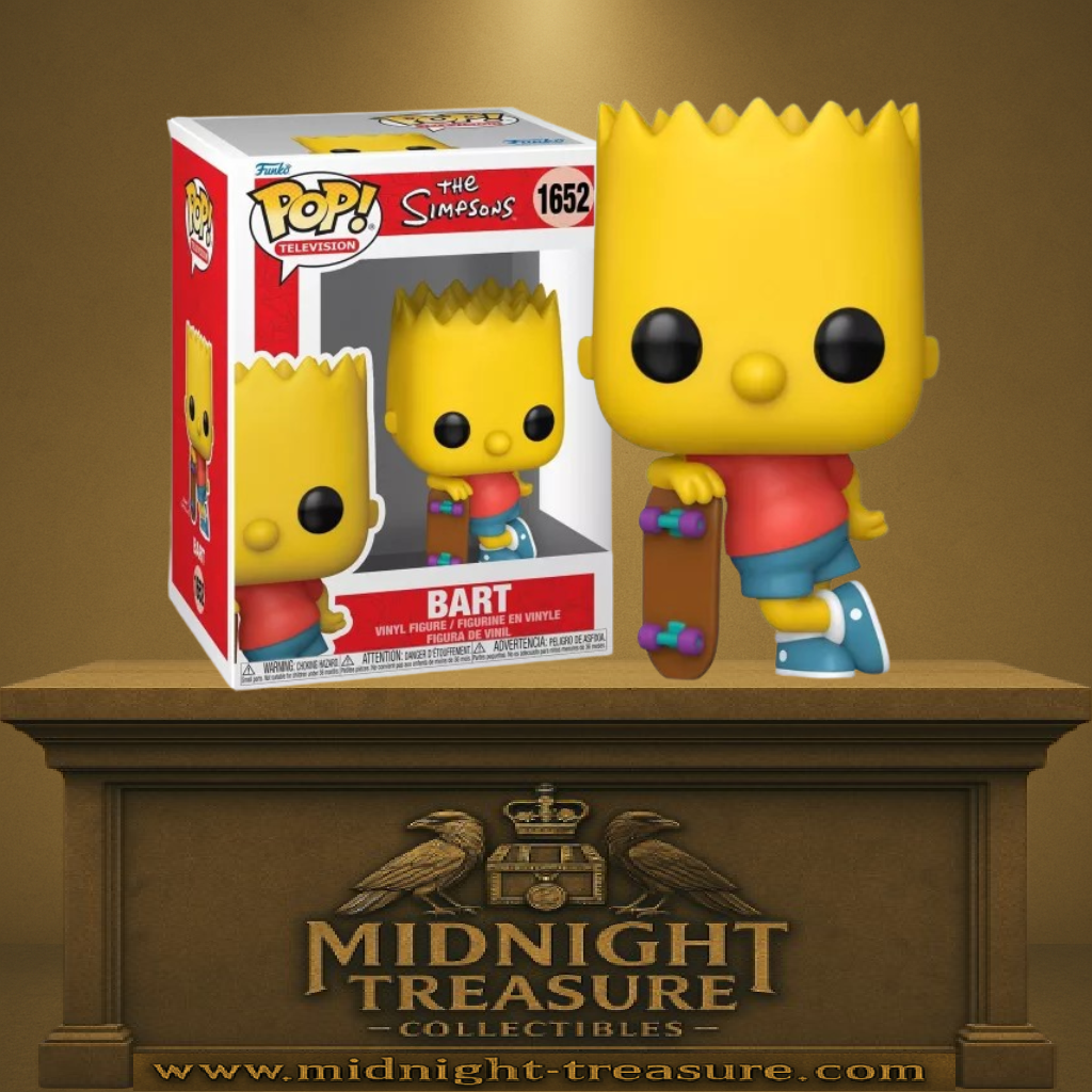 Funko Pop! The Simpsons – Bart Simpson (N°1652). Bart avec son skateboard, dans une pose emblématique fidèle à la série animée culte.