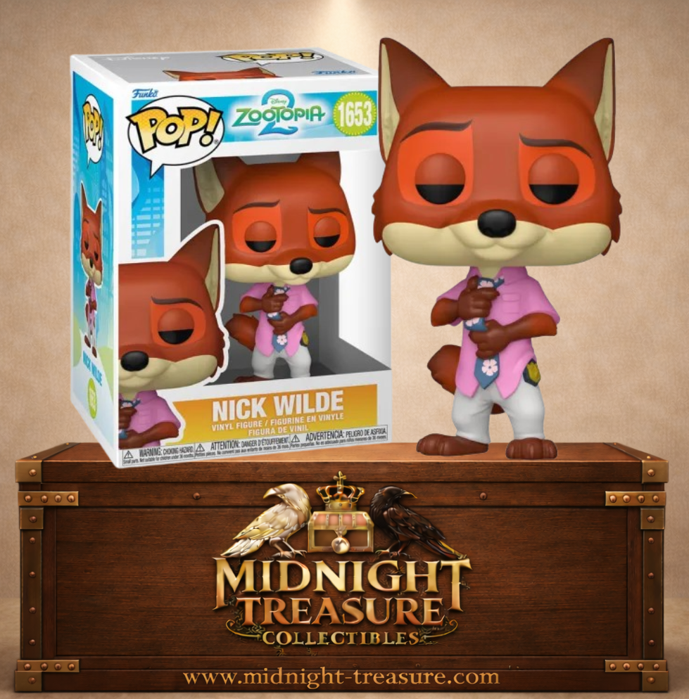 Funko Pop! Disney N°1653 – Nick Wilde – Zootopie 2. Figurine avec chemise rose tenant une glace.