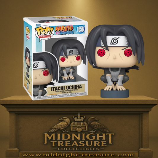 Funko Pop! Naruto Shippuden – Itachi Uchiha (N°1656). Figurine d’Itachi accroupi avec Sharingan activé, inspirée du massacre du clan Uchiha.
