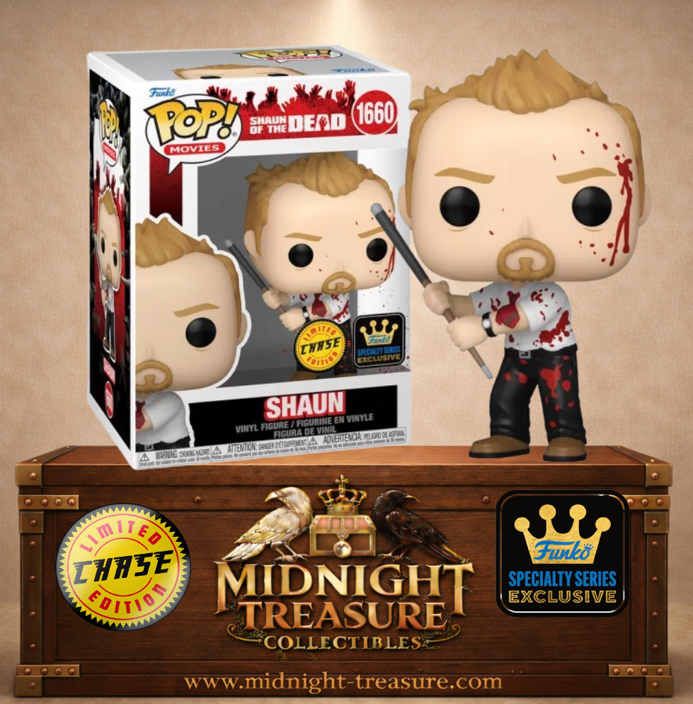 Funko Pop! Shaun of the Dead N°1660 – Shaun Chase avec sang sur le visage et queue de billard. Une figurine fidèle parfaite pour les fans de films d’horreur.