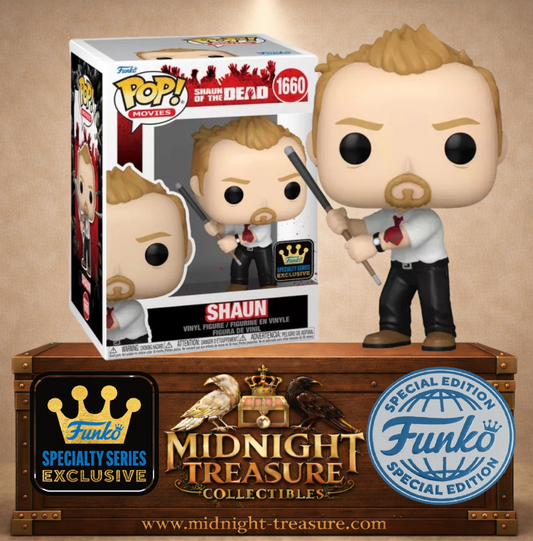 Funko Pop! Shaun of the Dead N°1660 – Shaun avec queue de billard et tenue emblématique. Une figurine fidèle parfaite pour les fans de films d’horreur.
