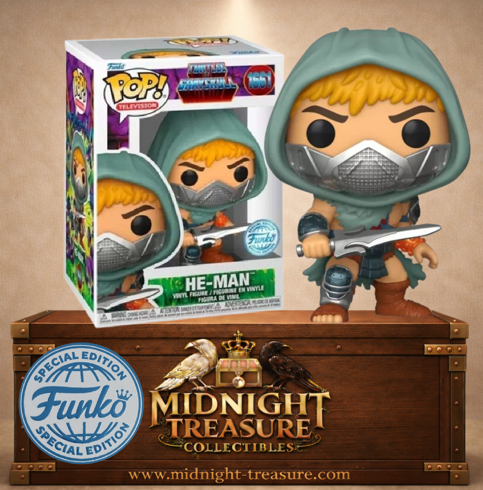 Funko Pop! Television N°1661 – He-Man (Musclor) version Teenage Mutant Ninja Turtles x Masters of the Universe avec capuche verte, masque métallique et sticker Funko Shop Exclusive.