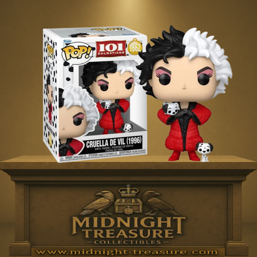 Funko Pop! Disney – Cruella de Vil (Cruella d’Enfer) (1996) (N°1662). Vilain iconique des 101 Dalmatiens en manteau rouge tenant un chiot dalmatien, version live-action.