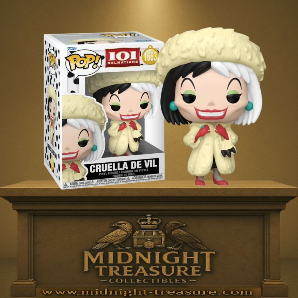 Funko Pop! Disney – Cruella de Vil (Cruella d’Enfer) (N°1663). Cruella en manteau de fourrure crème, coiffure noir et blanc, figurine Disney Villains.