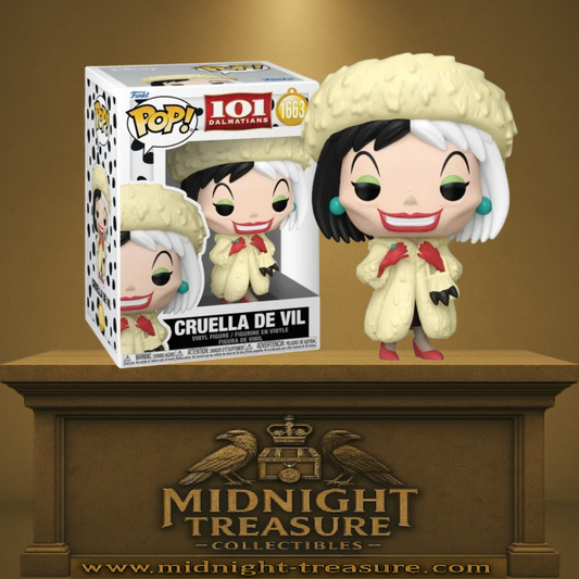 Funko Pop! Disney – Cruella de Vil (Cruella d’Enfer) (N°1663). Cruella en manteau de fourrure crème, coiffure noir et blanc, figurine Disney Villains.