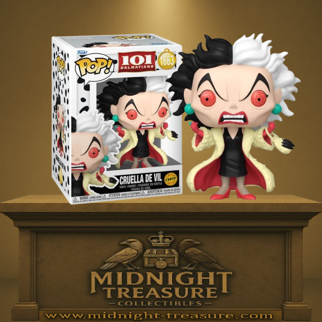 Funko Pop! Disney – Cruella de Vil (Cruella d’Enfer) CHASE (N°1663). Cruella en colère avec yeux rouges, manteau de fourrure, version rare Disney Villains.