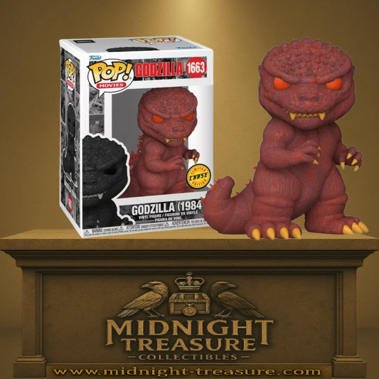 Funko Pop! Movies Godzilla (1984) – CHASE (N°1663). Figurine rouge sombre du Godzilla du film Le Retour de Godzilla, yeux orange et texture écailleuse.