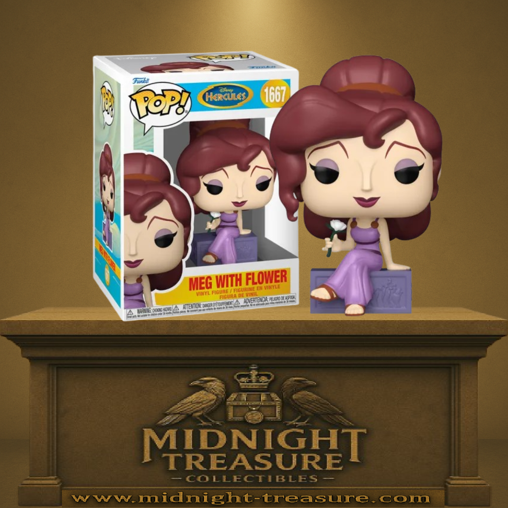 Funko Pop! Hercule – Meg with Flower (Meg avec fleur) (N°1667). Megara assise en robe violette tenant une fleur, figurine Disney élégante.
